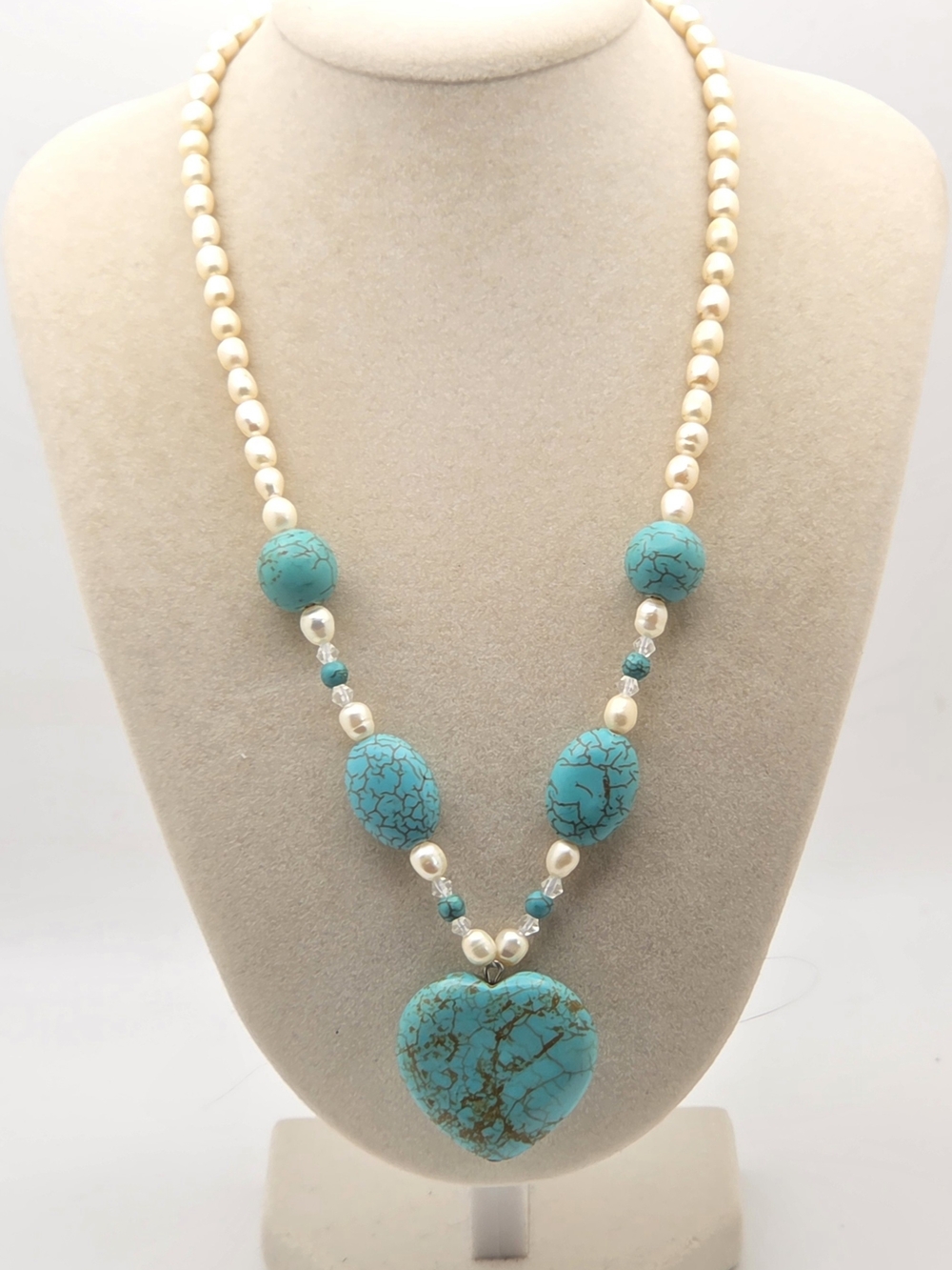 Genuine Freshwater Pearl & Turquoise Magnesite Heart Statement Necklace 16"